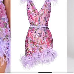 NADINE MERABI Lilac Sequin Feather Mini Dress